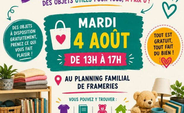 🌈Besoin d’un coup de pouce ? Ou simplement envie de donner une seconde vie à des objets ? Notre centre vous invite à sa Donnerie, un espace de partage où chacun•e peut venir gratuitement choisir des objets utiles pour son quotidien. 🗓️Mardi 4 août 🕦De 13h à 17h 📍Planning Familial de Frameries Vous y trouverez gratuitement : 👕Vêtements enfants et adultes 📚Livres et bandes dessinées 🧸Jouets et jeux 🏠Objets de décoration et du quotidien 💚 Ici, pas d’échange d’argent: chacun prend ce dont il a besoin, dans un esprit de solidarité, de respect et de partage. En participant à la Donnerie, vous faites un geste à la fois solidaire et écologique, en donnant une seconde vie à des objets qui peuvent encore faire le bonheur de quelqu’un. ✨Parce que l’entraide rend le quotidien plus léger... venez nous rendre visite ! #Donnerie #Frameries #PlanningFamilial #Solidarité #Économiecirculaire